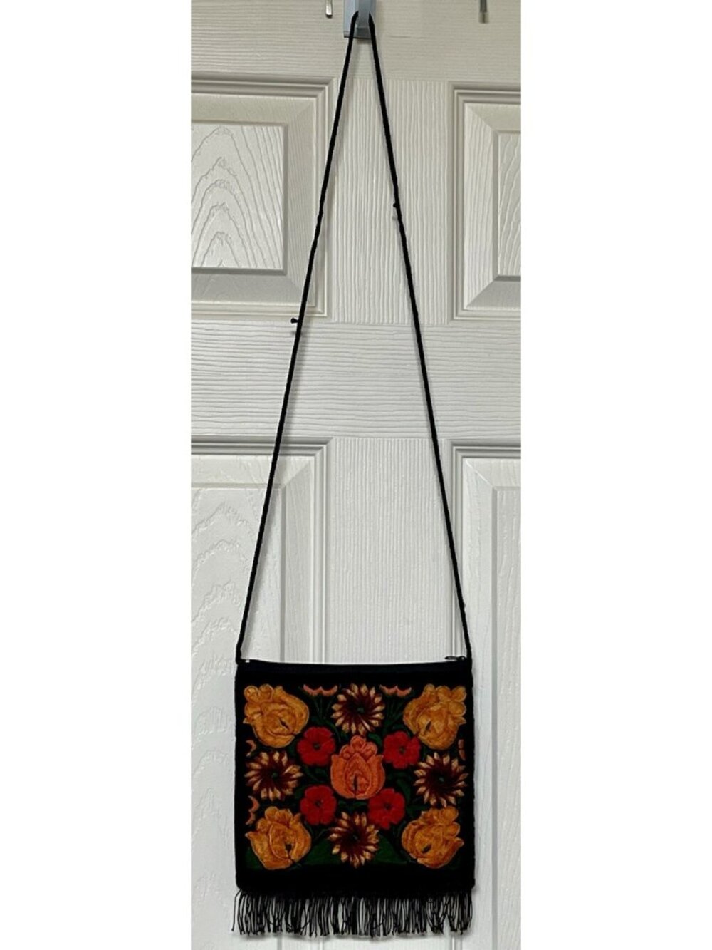Boho Embroidered Floral Velvet Crossbody Bag Black Fringe Small